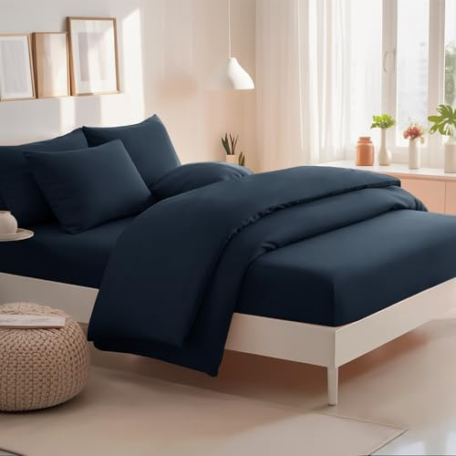 RUIKASI King Bedding Set 4 Piece Navy Blue - Duvet Cover Kingsize Sets with Microfiber Fitted Sheet and Pillow Cases
