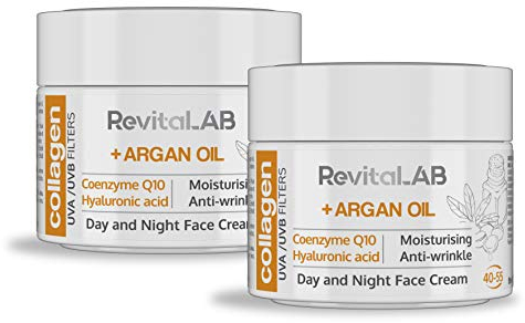 RevitaLAB Anti-Ageing Tages- und Nacht-Feuchtigkeitscreme mit Kollagen, angereichert mit Hyaluronsäure, Q10, Arganöl und einem UVA-/UVB-Filter, für Alter zwischen 40 und 55, 50 ml (Multipack)