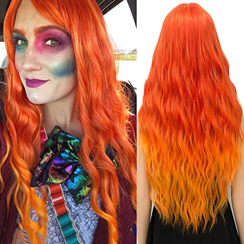 YEESHEDO Damen Perücke Lang Lockige Feuerorange Perücken für Frauen mit Pony, Natürlich Lange Locken Orange Wig, Anime Cosplay Halloween Wigs 28 Zoll (Orange)