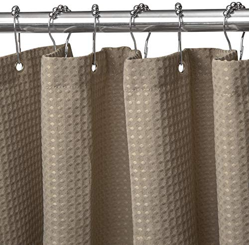 Waffel Duschvorhang mit Metall Duschvorhangringe Stoff Textil Badewannenvorhang Anti Schimmel Bad Vorhang Set Wasserdicht Badewanne Vorhang Schwerer Shower Curtain Badezimmer - 182 x 214cm (Khaki)