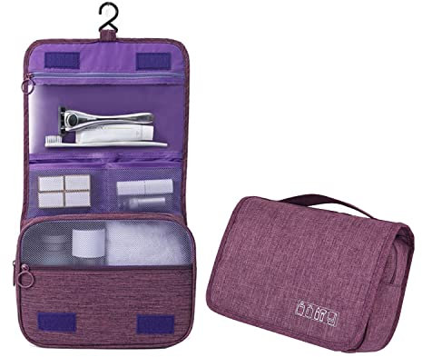 Kulturbeutel für Reisen, hängende Reisetasche, mehrere Fächer zum Organisieren persönlicher Gegenstände, Metallhaken zum Aufhängen, Dunkelviolett
