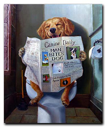ZXWL Lustiges Tierlächeln Hund lesen Zeitung Ölgemälde auf Leinwand Wandkunst Poster und druckt Bild für Badezimmer Toilette Dekoration 50x70cm Rahmenlos