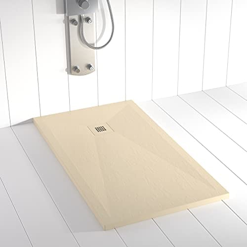 Shower Online Plato de ducha Resina PLES - 70x80 - Textura Pizarra - Antideslizante - Todas las medidas disponibles - Incluye Rejilla Color y Sifón - Crema RAL 7015