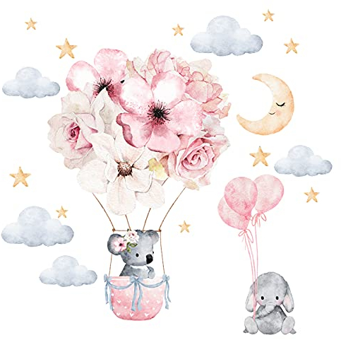 Little Deco Wandsticker Kinderzimmer Wandtattoo Tier Elefant Koala I Wandbild 99 x 69 cm (BxH) I Sterne Ballon Mond Wandaufkleber Spielzimmer Baby Mädchen DL607