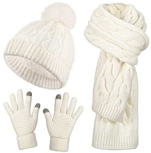 Jeere Knit Hat Scarf and Gloves Set 3 Pieces Cold Winter Set White Gloves Warm Long Scarf Soft Cable Knitted Hat for Women
