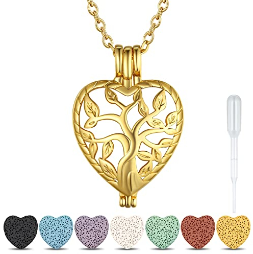 Bestyle Kette Damen Lebensbaum Anhänger Aromatherapie Kette Aroma Diffuser für Frauen Medaillons Anhänger 18k vergoldet