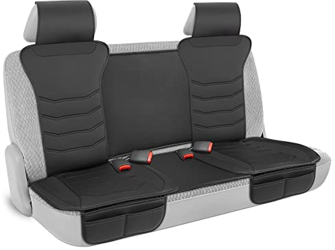 Motor Trend LuxeFit Schwarz Kunstleder Rückbank - Premium Automotive Rücksitzbezug für Autos Gepolstertes Kissen mit Taschen Verstellbarer Innenraum Autositzschoner