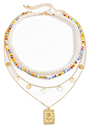 BCughia Layer Kette Damen, Perlenkette Damen Hochzeit 4 Reihige Gold Karabinerverschluss Geometrisches Perlen Design mit Pailletten Mama Geschenk für Damen