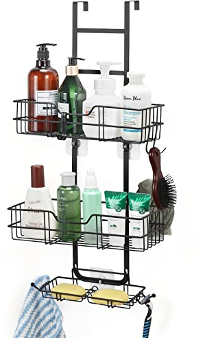 Etagere douche Panier de douche Sans Percage, Panier De Douche Suspendu En Acier Inoxydable Sur La Porte, etagere rangement de salle de bain avec crochets/plateau de savon - Noir