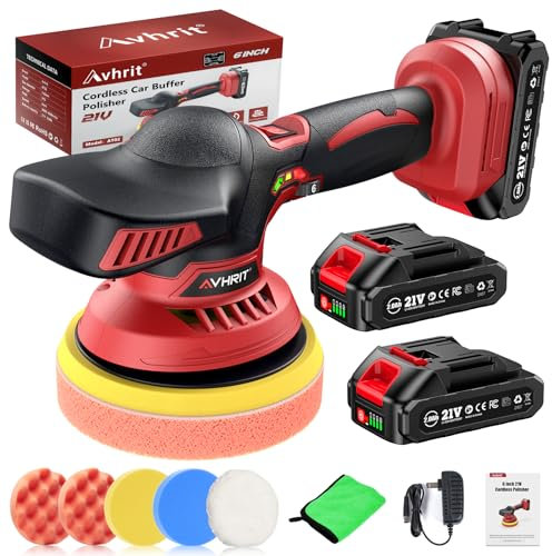 Avhrit Kit de pulidor inalámbrico para coche con 2 baterías de 2000 mAh y 21 V, kit de enceradora de 6 pulgadas con 6 velocidades variables y 10 accesorios adicionales, pulidora para detalles de