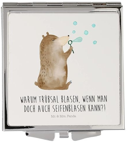 Mr. & Mrs. Panda Handtaschenspiegel quadratisch Bär Seifenblasen - Geschenk, Silber, Seifenblasen Bär Lustig Sein Glücklich Traurig Happy, Teddy,