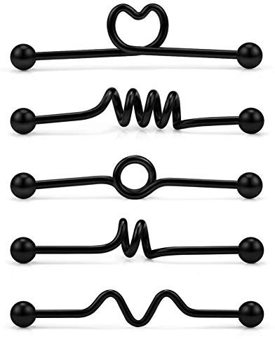 Longbeauty 5 Pcs Industrial Barbell Ohrring Edelstahl Piercing Bars Set 14 Gauge Knorpel Ohrring Körper Piercing Stab 38mm Spule/Welle/Twister/Spirale/Herz, Schwarz