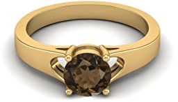 925 Sterling Silber Solitär Hochzeit Verlobung 6 mm rund Rauchquarz Aussagering für Frauen (Gold-Vermeil, 50)