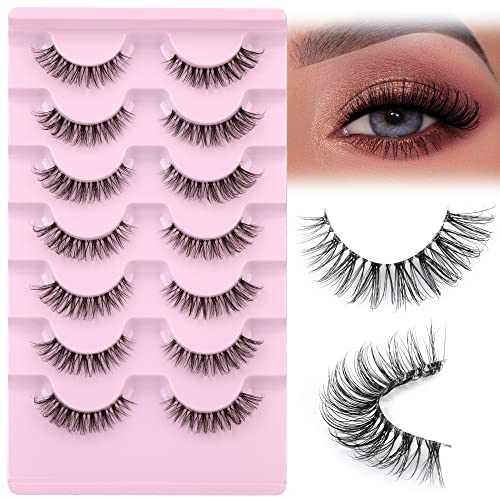 JIMIRE Lashes Natural Look Clear Band Demi-Wispies Kurze Künstliche Wimpern Flauschige 3D Katzenauge 13 mm Streifen Wimpern 7 Paar Pack