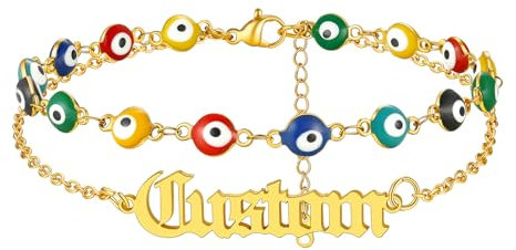 Supcare Doppelt Fußkettchen Damen Evil Eye Fußkette mit Name Böser Blick Teufelsauge Türkisches Auge Fußband Custom Fußschmuck Nazar Boncuk Boho Amulett Schutz Mode Glücksschmuck für Mutti