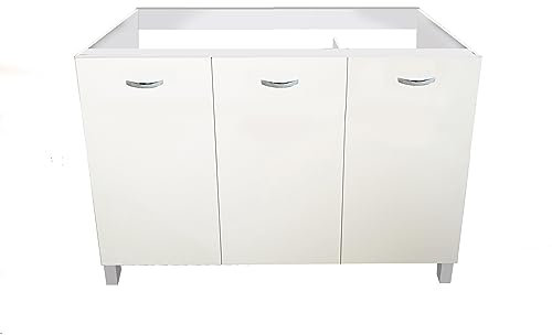 MABEL Meuble de Cuisine Blanc 3 Portes - Organisateur Sous-Sol en Bois Mélaminé - Finition Anti-Rayures, Facile à Monter - L 120 cm x P 50 cm x H 80,5 cm
