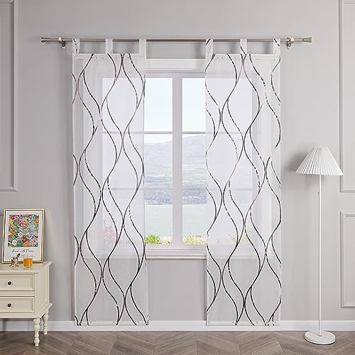 SCHOAL Schiebegardinen mit Schlaufen Transparente Schiebevorhang 2er Set Voile Gardinenschal Fensterschal mit glänzenden Wellen Muster BxH 57x245cm Braun