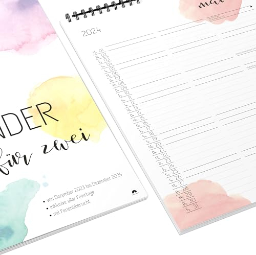 Kalender 2024 Wandkalender (Monatskalender im A4 Hochformat) - Monatskalender 2024 für das ganze Jahr von Januar bis Dezember mit Ferienübersicht - Ideal als Paarkalender oder Familienplaner