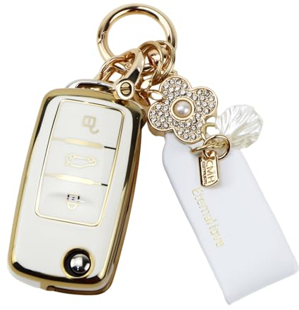 Anevios Autoschlüssel Hülle mit Schlüsselanhänger 3 Tasten TUP Kompatibel für VW Golf 5 6 Polo Touran Touareg Passat Skoda Seat MK6 Schlüsselhülle Autoschlüssel Cover Schutzhülle (Weiß)