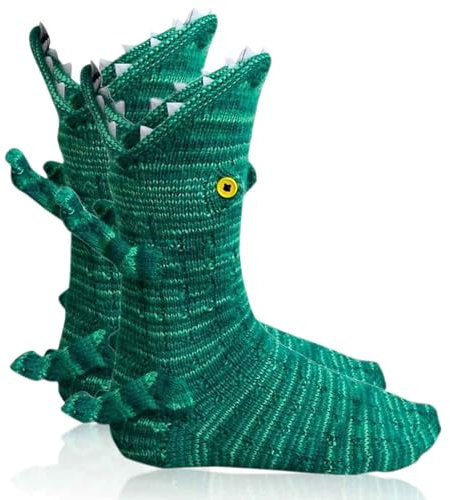 AWAVM 1 Pair Knit Crocodile Socks, Knitting Cuff Socks Unisex Hand Knitted Animal Shape Winter Home Warm Floor Socks for Christmas Girlfriend Gifts, Green