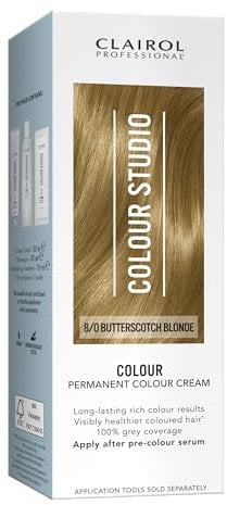 Clairol Colour Studio Permanent Colour Cream | Hair Dye | Long-lasting Rich Tones | 100% Grey Coverage | Dermatologically Tested Vegan Formula | Hair Colouring Kit | Butterscotch Blonde 8/0 | 50ML