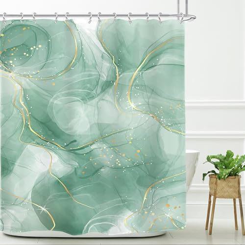 Glawry Tenda da doccia astratta in marmo verde acqua moderna estetica estetica oro crepe linee smeraldo Ombre texture bagno turchese 152 x 182 cm accessori da bagno arte decorazione della casa tessuto