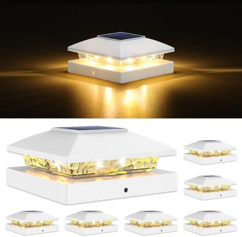 VOLISUN 4x4 Solar Post Cap Light 6pack,Solar Fence - Post Lights Outdoor Waterproof for Wooden/Vinyl Post, White Deck Post Cap Light Solar Powered with Warm White for Garden/Patio/Porch