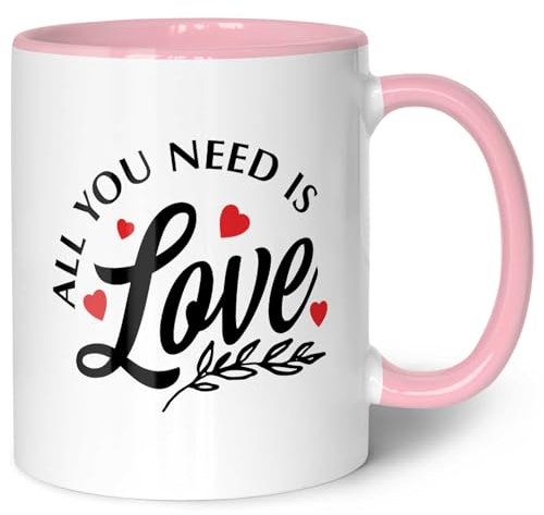 GRAVURZEILE Tazza stampata con scritta – All you need is love – Tazza da caffè con scritta – Regalo per San Valentino – Lavabile in lavastoviglie – Regali per lui & per lei – Colore: rosa