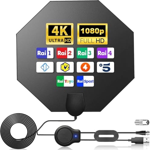 Antenna TV Digitale Piatta - Antenna TV interna Amplificata Potente, Ricezione A Lungo Raggio di 580 km, Antenna interno Digitale Terrestre per Smart TV 4K 1080P, Cavo Coassiale da 5 m Incluso - Nero