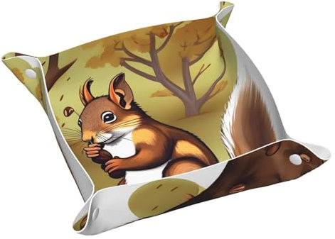 Nussfressendes Eichhörnchen bedrucktes Leder-Aufbewahrungstablett, wasserdicht und leicht zu reinigen, für ordentliche Schlüssel, Uhr, Make-up und andere kleine Gegenstände. Klein