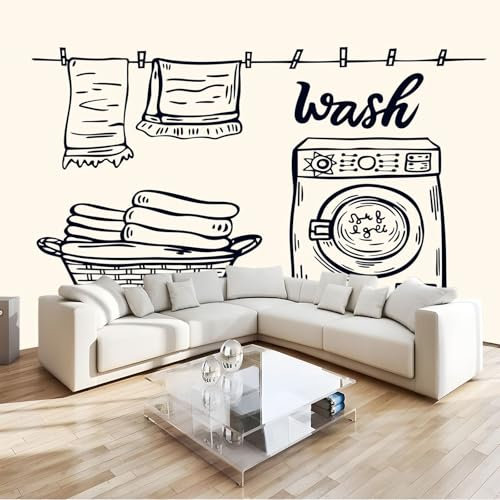 Papel Pintado Infantil Habitación Lavadora Y Toalla Pintadas A Mano - Fotomurales Pared Tejido No Tejido Decorativos Murales Fotográfico XXL Moderno Decoración de Paredes (Diseño Simple 300 x 210 cm)