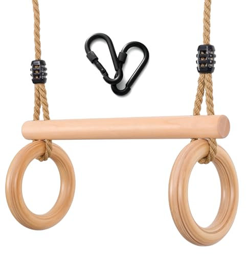 Trapez schaukel,Holzschaukel, Turngeräte mit Holz Ringe, Kinder Turnringe aus Holz für Innen und Außenbereich