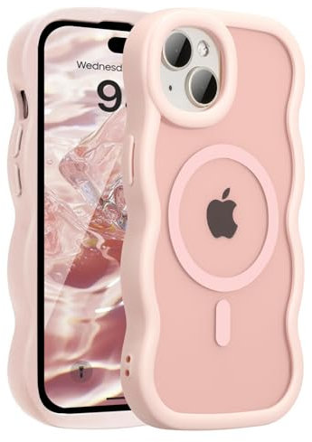 UEEBAI Magnetic for iPhone 15 Case, Cute Cover Compatible with MagSafe, Transparent Clear Wave Design Wavy Frame Matte Phone Case- Pink