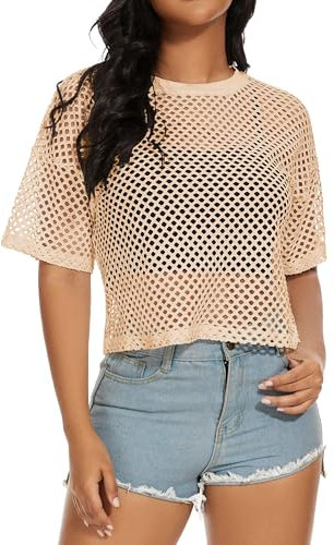 florynova Womens Fishnet Mesh Tops Summer See Through T Shirt Short Sleeve Sheer Blouse(Beige,M)