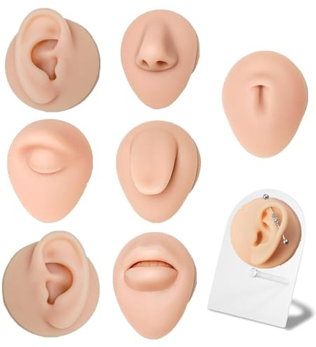 PEPAX Körperpiercings Übungsmodell 7Pcs Piercing-Teile aus weichem Silikon mit Displayhalter, Modell für Nase Augen Mund Zunge Bauchnabel zum Üben von Piercings