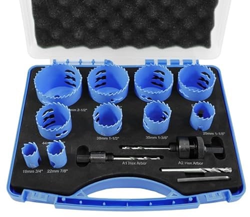 BULLITT 10PCS Bi-Metal Combination Hole Saw Set,19-64mm 8% Cobalt M42 Hole Saw Kit with 2 Arbors,a Pilot Drill,a Hexagonal Wrench for Metal,Wood, PVC Boards, Plaster,Plastic Board,Cutting Depth:48mm