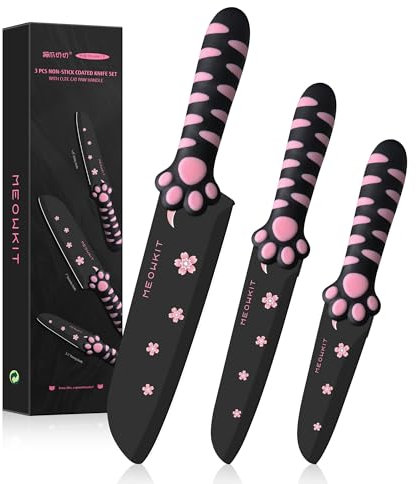 MEOWKIT Stylish & Cute 3 Pieces Kitchen Knife Set with Non-Stick Coated Cat Paw Handle Make Cooking Joyful and Efficient for All Cat Lovers (Black&Pink)