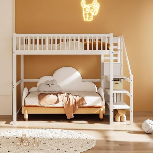 boorbin Hochbett 140x200 mit Treppe, weißes Kinderbett aus Holz mit Aufbewahrungsregal, einfacher Kleiderschrank (Weiß, 140x200 cm)