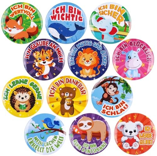 MEJOSER 12 Stück Buttons Anstecker Kinder Tiere Sprüche auf Deutsch Motivation Mitgebsel Kindergeburtstag Kleine Geschenke für Kinder Adventskalender 2025 Füllung Weihnachtsgeschenke Schultüte