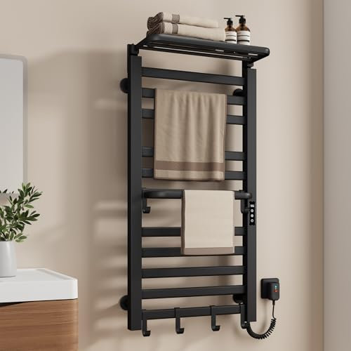 EMKE Sèche-Serviettes Électrique de Salle de Bain 1000 x 500 mm, Porte-Serviettes Chauffant électrique à température constante, Séchoir à Serviettes avec étagère 280W, Noir