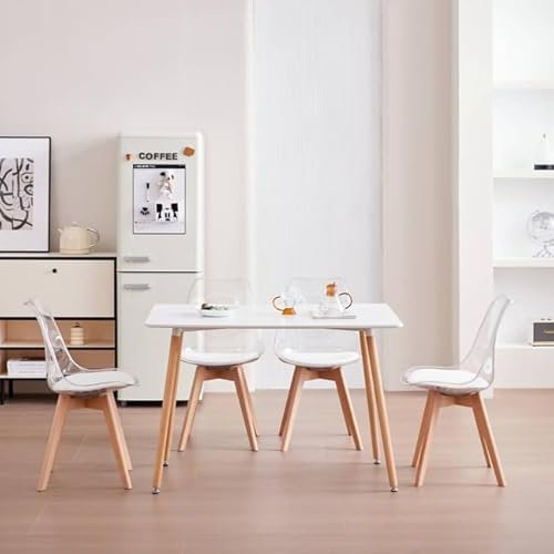 JZGORC Juego de Mesa y Sillas de Comedor para Cocina con 4 Sillas, Mesa Rectangular de Madera, Sillas Nórdicas Modernas Rransparentes, para Comedor, Cocina y Sala de Estar (Blanco + Blanco)