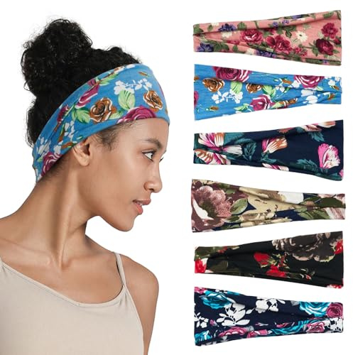 ZOUIQSS Damen-Haarbänder,6er-Pack elastische breite Stirnbänder,mehrfarbiges Blumenmuster,für Yoga,Fitness,Fitnessstudio,Laufen(Shape 3)