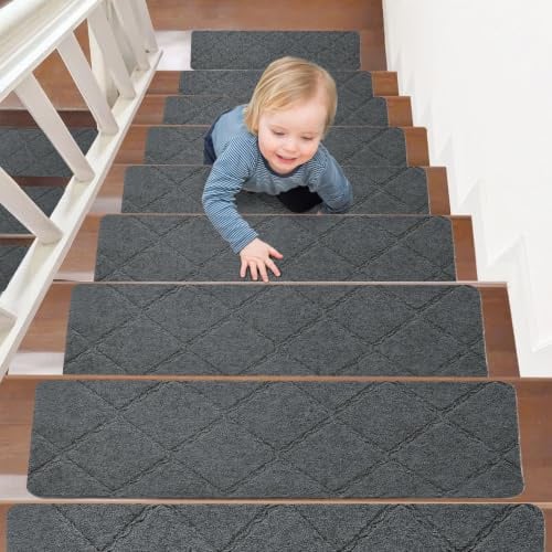Hengrongshen Treppenstufenmatten 15 Stück, Anti-Rutsch Selbstklebend 55x19 cm, Wiederverwendbar Zuschneidbar, Innen Treppenschutz für Haustiere & Kinder-Dunkelgrau