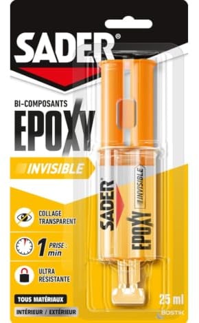 SADER Colle Epoxy bi-composant Invisible - Seringue 25 ml | Colle forte et résistante - Collage Transparent - Tous Supports - Transparent