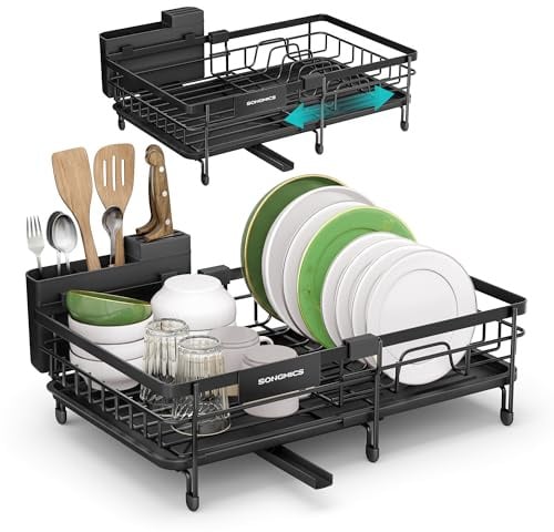 SONGMICS Dish Drainer Rack, Large Extendable Draining Board Rack for Small Spaces, 360° Rotating Extendable Spout, Kitchen Sink Drainer, Steel, 46.5 x 29.6 x 14 cm, Ink Black KCS556BH01