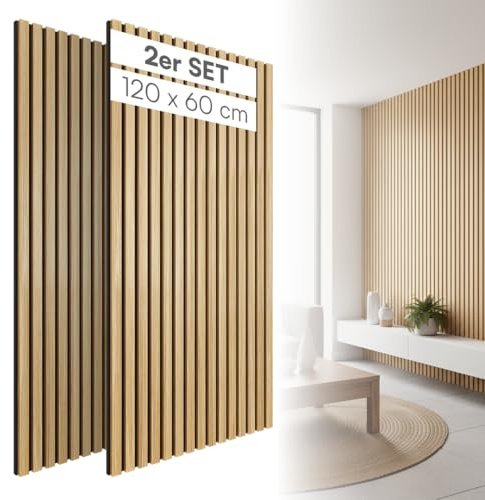 skølm Rune Akustikpaneele 120x60 cm, 2er Set, Holzoptik Eiche, Schallschutz | Wandpaneele, Wandverkleidung, Akustik Holzpaneele Wand als Schallabsorber, 3D Lamellenwand Innen, Wall Panel für Innenräume