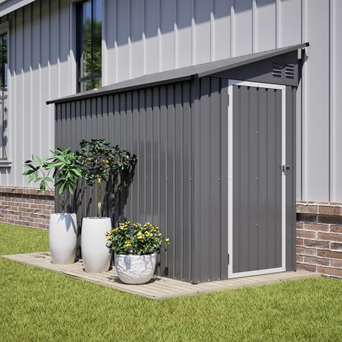 4×8 FT Metall Gerätehaus, WAnbau-Schuppen mit abschließbarer Tür und 2 Lüftungsöffnungen, wetterfestes Gartenschuppen aus Stahl, Werkzeugaufbewahrung für Hinterhof Grau (Grey, 242x124x192 cm)