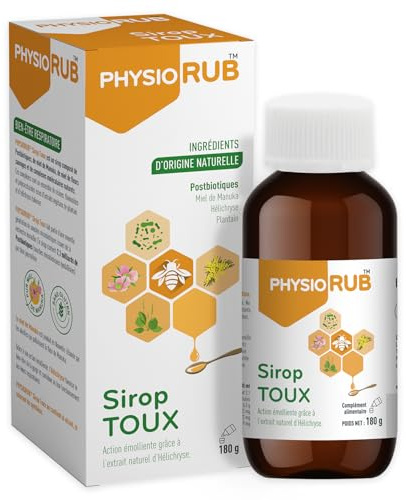 Sirop Toux PHYSIORUB - Postbiotiques - Miel de Manuka - Maux de gorge - Immortelle & Plantain - Grand Flacon 180g
