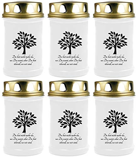 HScandle Grabkerze - 6er Pack - (Weiß) Grablicht ca. 48h Brenndauer je Kerze - Motiv: Baum