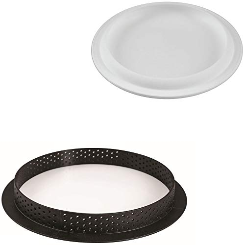 Silikomart Moule à tarte en silicone 250 cm avec 1 cavité de 20 cm de diamètre x 1,9 cm de haut, plus 1 anneau de coupe en plastique perforé résistant à la chaleur